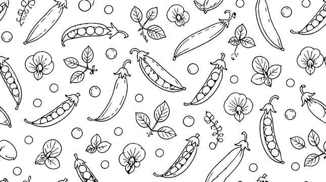 Hand drawn pea pods and flowers pattern design.