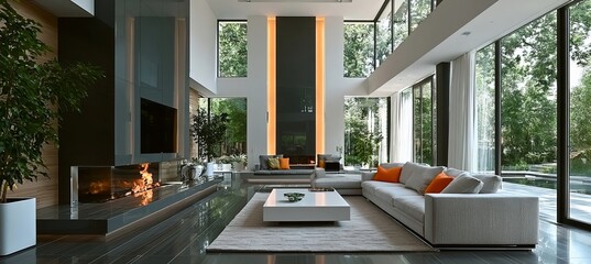 Obraz premium Elegant and Spacious Living Area Featuring Floor-to-Ceiling Windows and Modern Fireplace Design