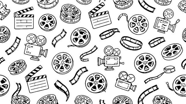 Vintage Film Reels and Movie Camera Icons Pattern.