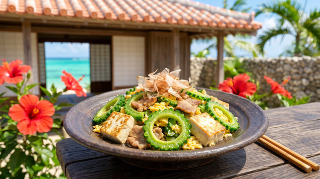 Traditional Okinawa Goya Chanpuru bitter melon stir fry with tofu and egg, served on a wooden table with a classic red瓦 house and hibiscus