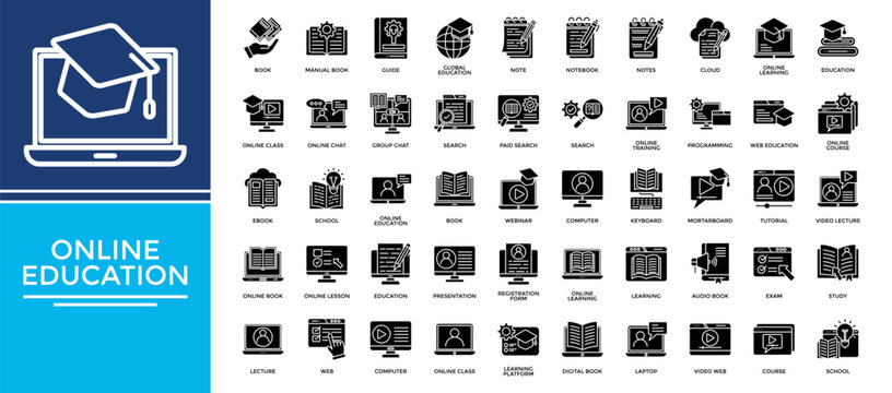 Online Education icon set collection. Containing notes, teaching, lecture, lesson, write, exam, report .Solid vector icons collection