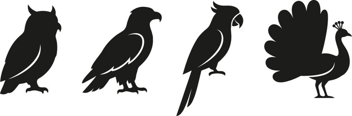 Fototapeta premium Black bird silhouettes, vector bird icons, owl, parrot, eagle, turkey, animal graphics