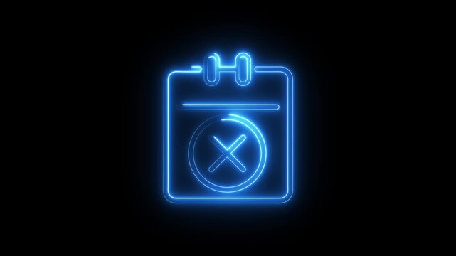 Neon blue calendar icon with x mark for missed appointment or cancelled event sign.