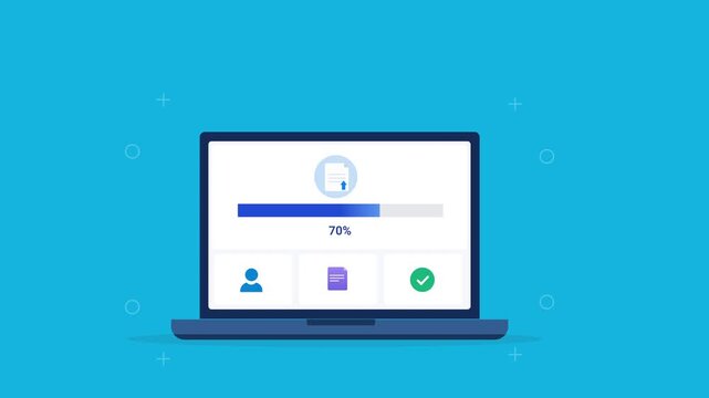 Modern flat vector animation of a laptop displaying a user account dashboard with profile, status indicator, and progress bar. Ideal for account management, software, and web technology projects.
