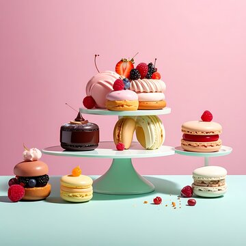 A colorful assortment of pastries on a two-tiered stand