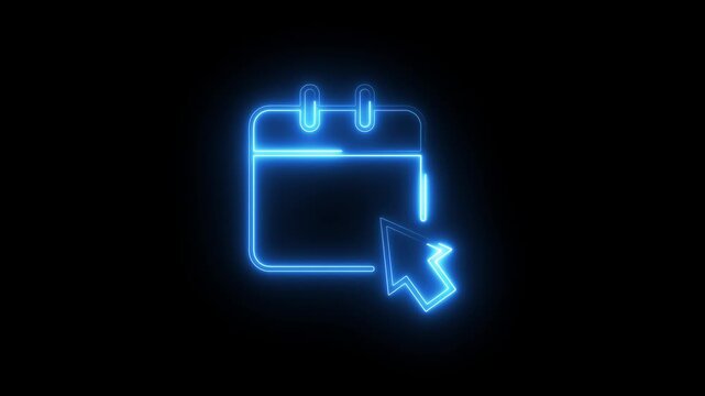 Neon blue calendar icon with mouse pointer glowing on black background animation.
