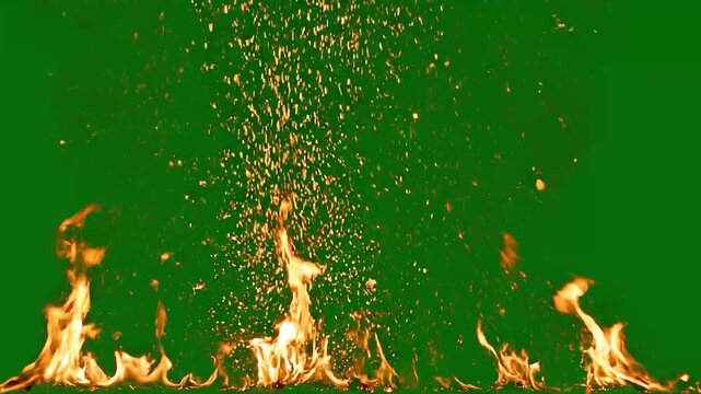 Flames on green background with sparks.