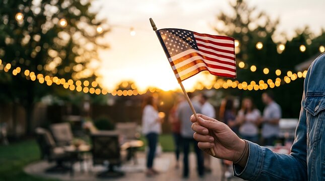 Hand holding a small american flag against a blurred sunset garden patio gathering with american gathering celebration patriotic