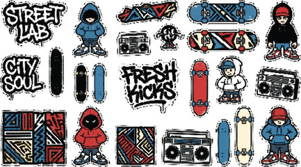Streetwear graffiti sticker vector illustration set with skateboards and characters © Muhammad