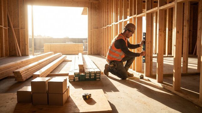 Construction Worker Checking Framing Accuracy In Sunlit Build Interior