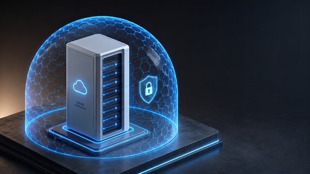 Stylized holographic shield dome protecting glowing corporate cloud server tower