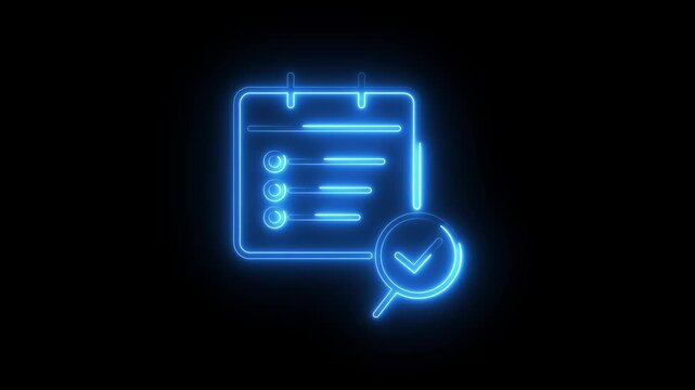 Neon blue digital calendar animation with checklist checkmark and magnifying glass.