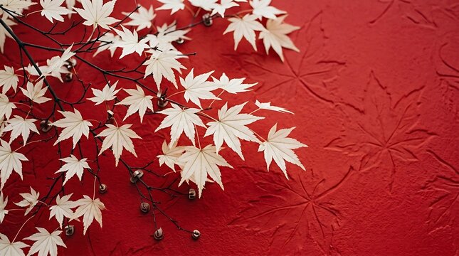 White japanese maple leaves branch over textured red background with background botanical artistic ornamental japanese contrast