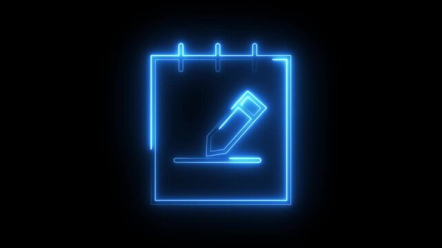 Neon blue notebook icon with pencil drawing on paper animation isolated on black.