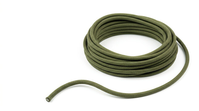 Olive green paracord rope isolated on white. Coiled utility cord for survival and outdoor activities. Military style nylon rope