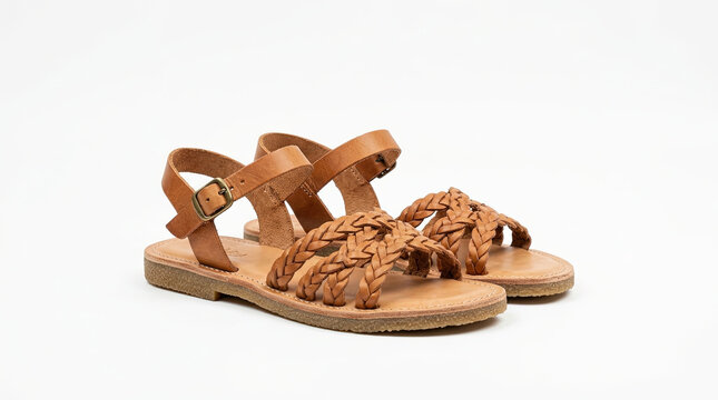 Braided leather sandals isolated on white background. Pair of brown woven flat summer shoes. Fashionable female footwear