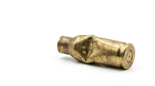 Damaged brass bullet casing isolated on white background. Bent spent ammunition shell cartridge
