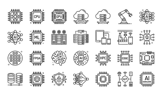 Modern semiconductor outline icons with processor AI hardware robotics and cloud technology