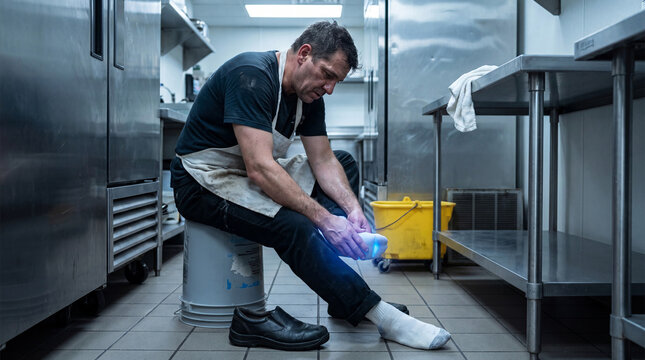 Restaurant Kitchen Worker Relieving Foot Strain After Long Service