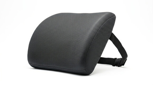 Black lumbar support cushion isolated on white background. Ergonomic back pillow with adjustable strap for office chair and car seat
