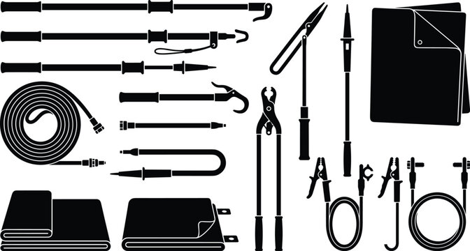 Professional high voltage electrical insulation and lineman safety testing equipment tools icons set isolated on white background