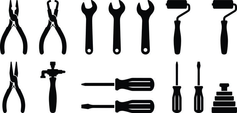 Professional home renovation and hardware construction hand tools icons set with black silhouettes isolated on white background