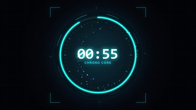 Futuristic neon blue digital countdown timer with circular interface HUD