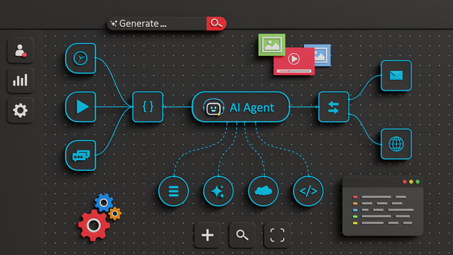 AI Agent Workflow Automation. AI Agent Software with Node Triggers Dashboard. Generating Code, Digital Tasks Manager, AI Data Analyzer Tool. Controlling Intelligent Process. 3D Render