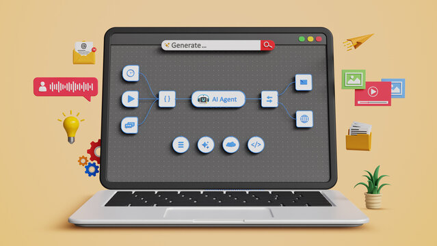 Artificial Intelligence Assistant, Autonomous Automation. AI Agent Managing Workflow Automation on a Laptop. Machine Learning, Business Productivity, Digital Transformation. 3D Render