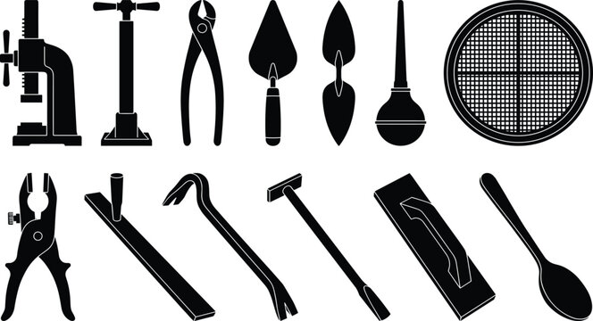 Professional masonry and concrete finishing construction hand tools icons set with black silhouettes isolated on white background