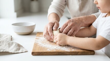Fototapeta premium Close-up of a senior person and a young child baking together, kneading raw dough in a bowl. Generation connection, family tradition, and culinary education concept.