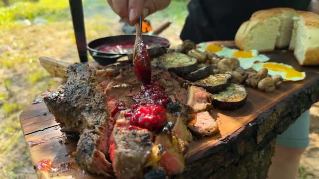 A rustic wooden board features a grilled tomahawk steak topped with tart cranberry sauce alongside fried eggs, roasted eggplant, and mushrooms in a serene riverside setting.