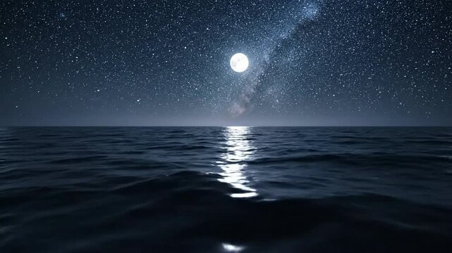 Serene Full Moon Shining Over Rippling Ocean Waves Under Starry Night Sky