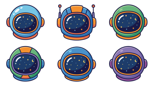 Set of colorful cartoon astronaut helmets with starry visors