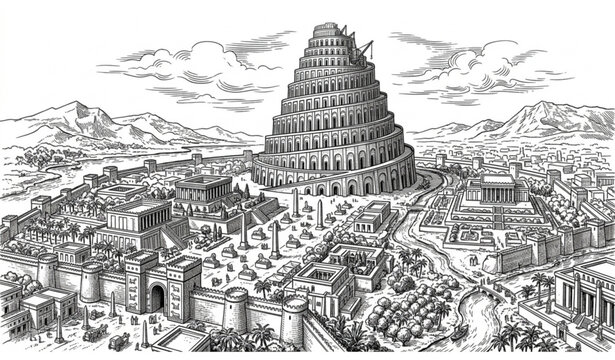 Vintage Tower of Babel Engraving Ancient Babylon Mesopotamian Civilization Hand Drawn Vector Landscape