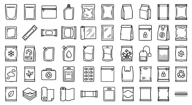 Flexible Packaging Line Icons Set with Pouches Sachets Bags Wraps and Retail Package Symbols