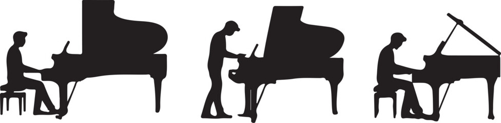 Three silhouettes playing different pianos © Masud