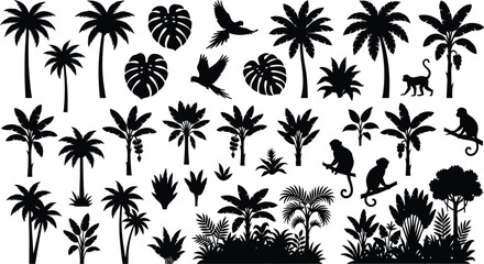 Black silhouettes of tropical jungle plants, palm trees, monkeys, and parrots on white © GT Designs