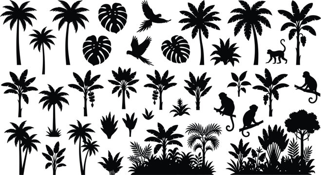 Black silhouettes of tropical jungle plants, palm trees, monkeys, and parrots on white