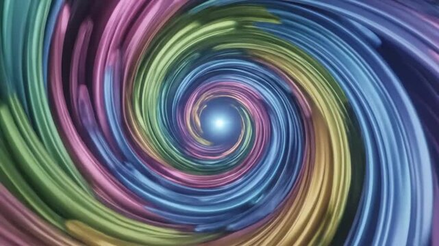 Mesmerizing colorful rainbow spiral swirling into the center on a black background