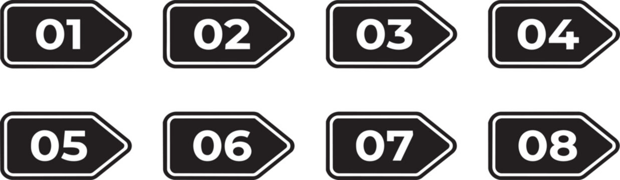 Set of eight black arrow shaped bullet points with numbers displayed clearly on transparent background