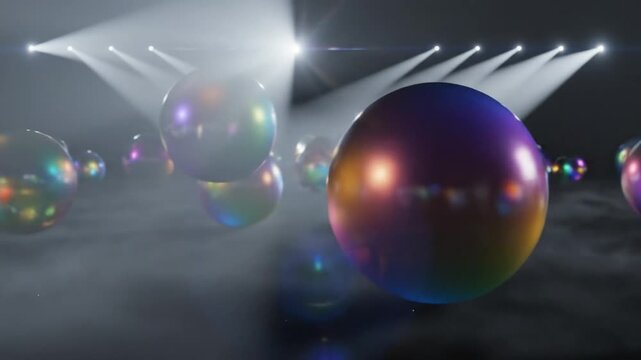 Mesmerizing iridescent spheres levitating with stage lights creating an artistic and abstract display