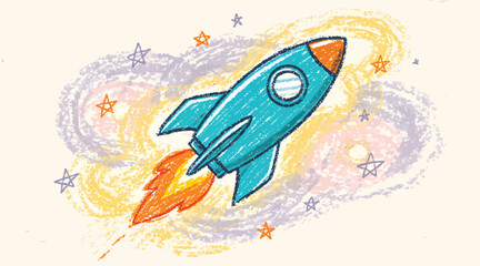 Cartoon Rocket Ship Launching into Outer Space with Stars and Nebula, Children's Illustration for Imagination and Exploration © Azkama