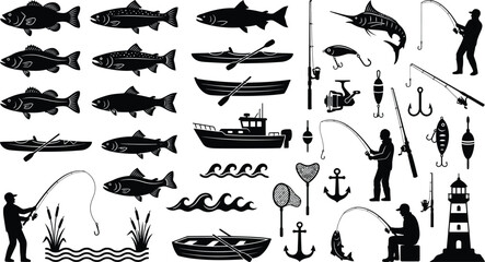 Collection of black silhouette fishing fish, people, boats, rods, and lighthouse salmon trout © GT Designs