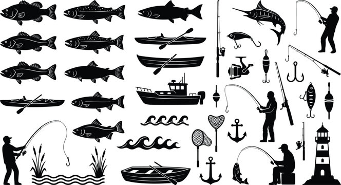 Collection of black silhouette fishing fish, people, boats, rods, and lighthouse salmon trout