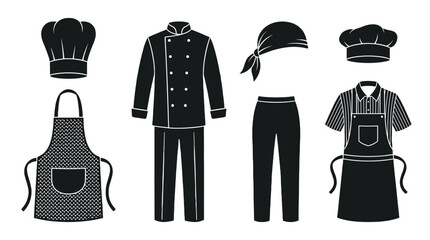 Fototapeta premium Set of chef uniform and kitchen workwear silhouette icons