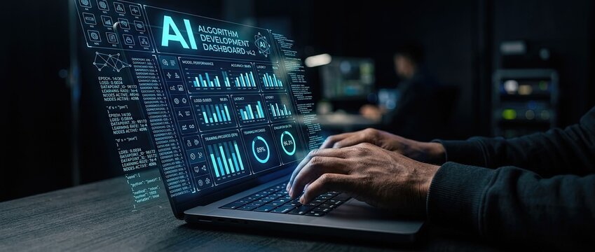 Hands engaged in typing on a laptop showcasing ai driven data visualizations and graphs highlighting the essence of technology and data analysis within a contemporary workspace