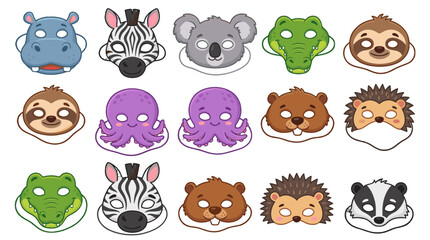 Obraz premium Cute animal face mask set with cartoon wildlife characters
