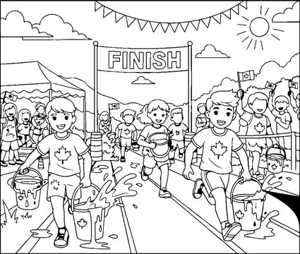 Joyful children crossing finish line in community fun run.