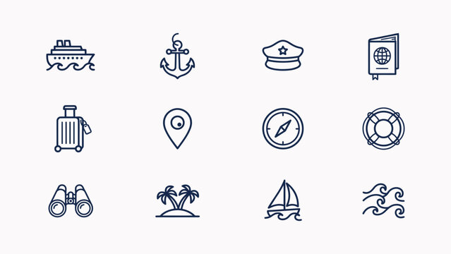 Travel and vacation icons including cruise ship anchor captain hat passport luggage location marker compass life preserver binoculars palm tree sailboat and waves